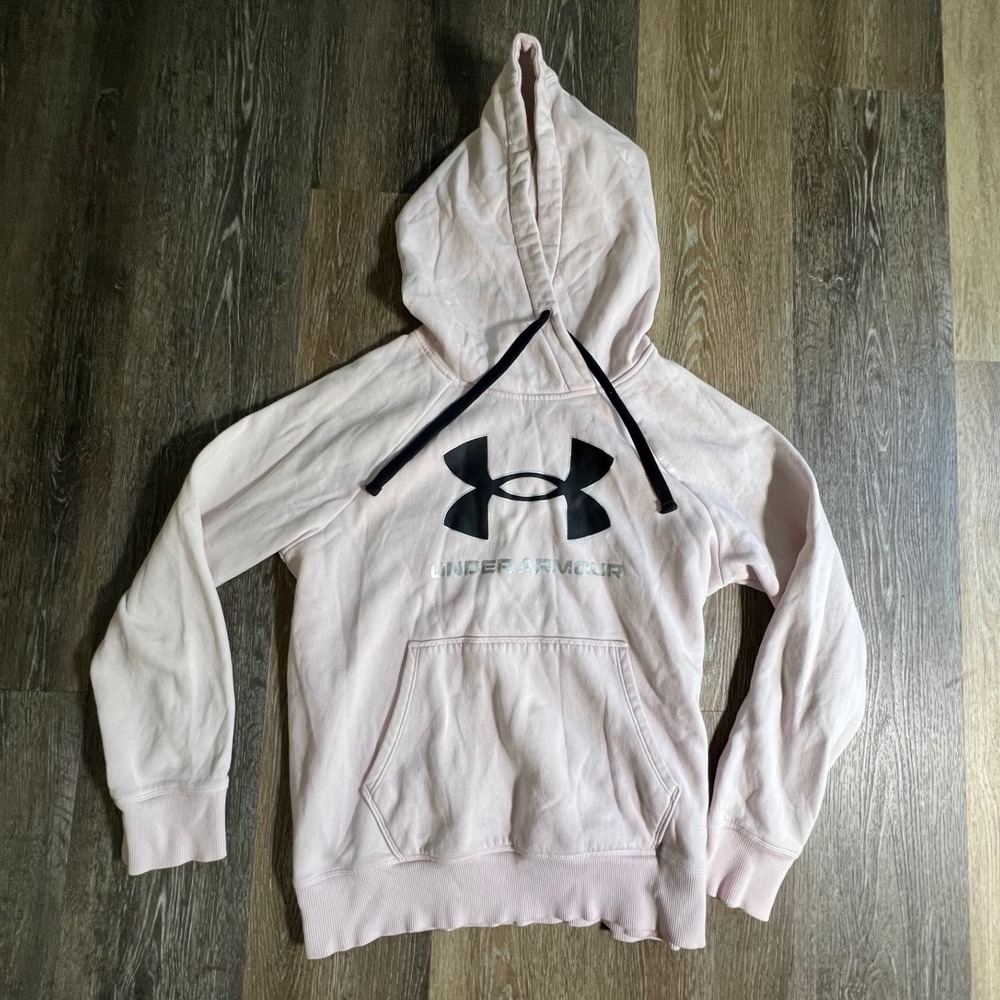 Under Armour Hoodie Womens Medium Pink Big Logo Pullover Fleece Raglan Sleeve